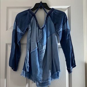 Off-the-Shoulder Denim Bell-Sleeve Shirt